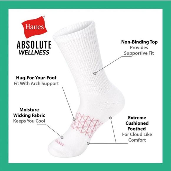 Hanes Absolute Wellness Crew Socks Women’s Size 5-9 Pack 2 Extreme Cushion - Picture 12 of 12